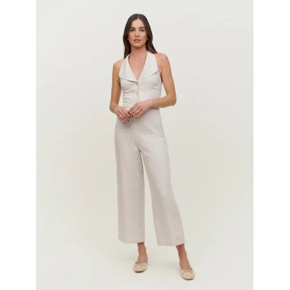 Reformation Billie Linen Jumpsuit Size 4 NWOT Oatmeal Wide Leg Sleeveless Resort